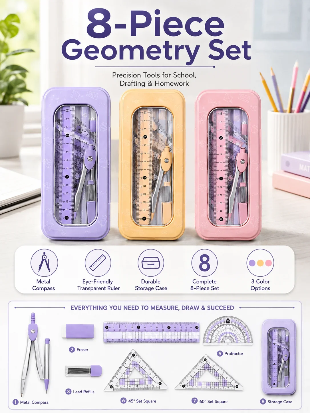 8-Piece Math Geometry Set for  - Compass Geometry Set ulasan dan harga