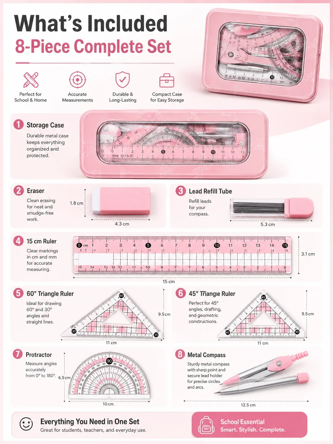 8-Piece Math Geometry Set for  - Compass Geometry Set ulasan dan harga