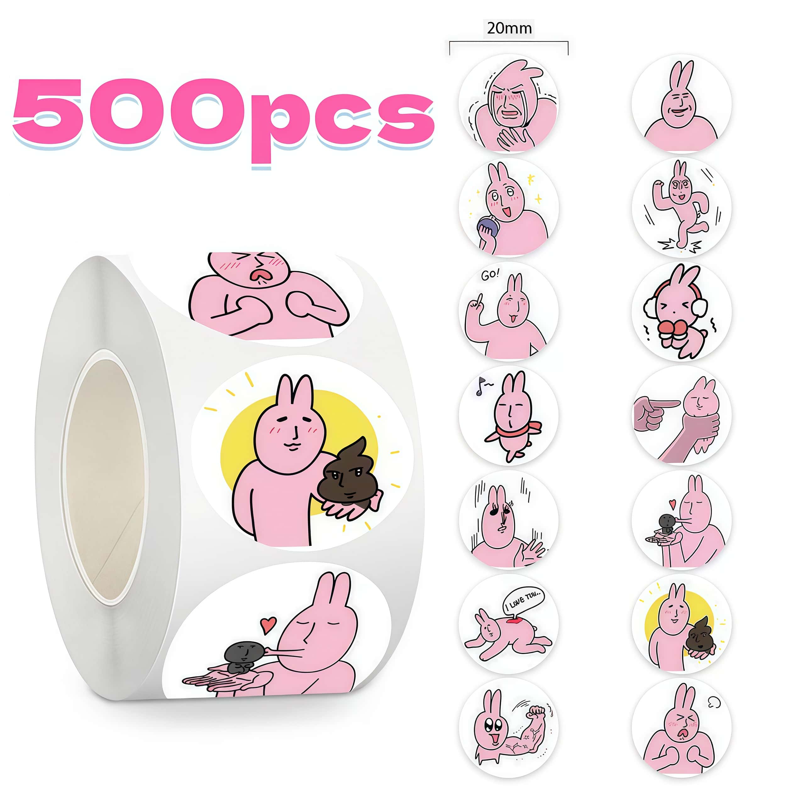 500Pcs Funny Pink Meme Rabbit  - Sticker Label Roll ulasan dan harga